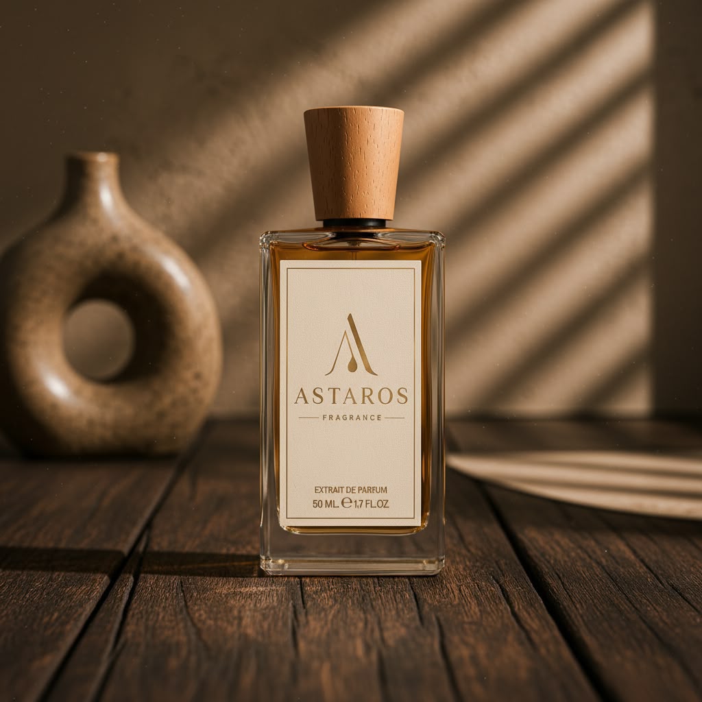 ASTAROS Extrait de Parfum, Flakon mit Holzdeckel auf dunklem Holz